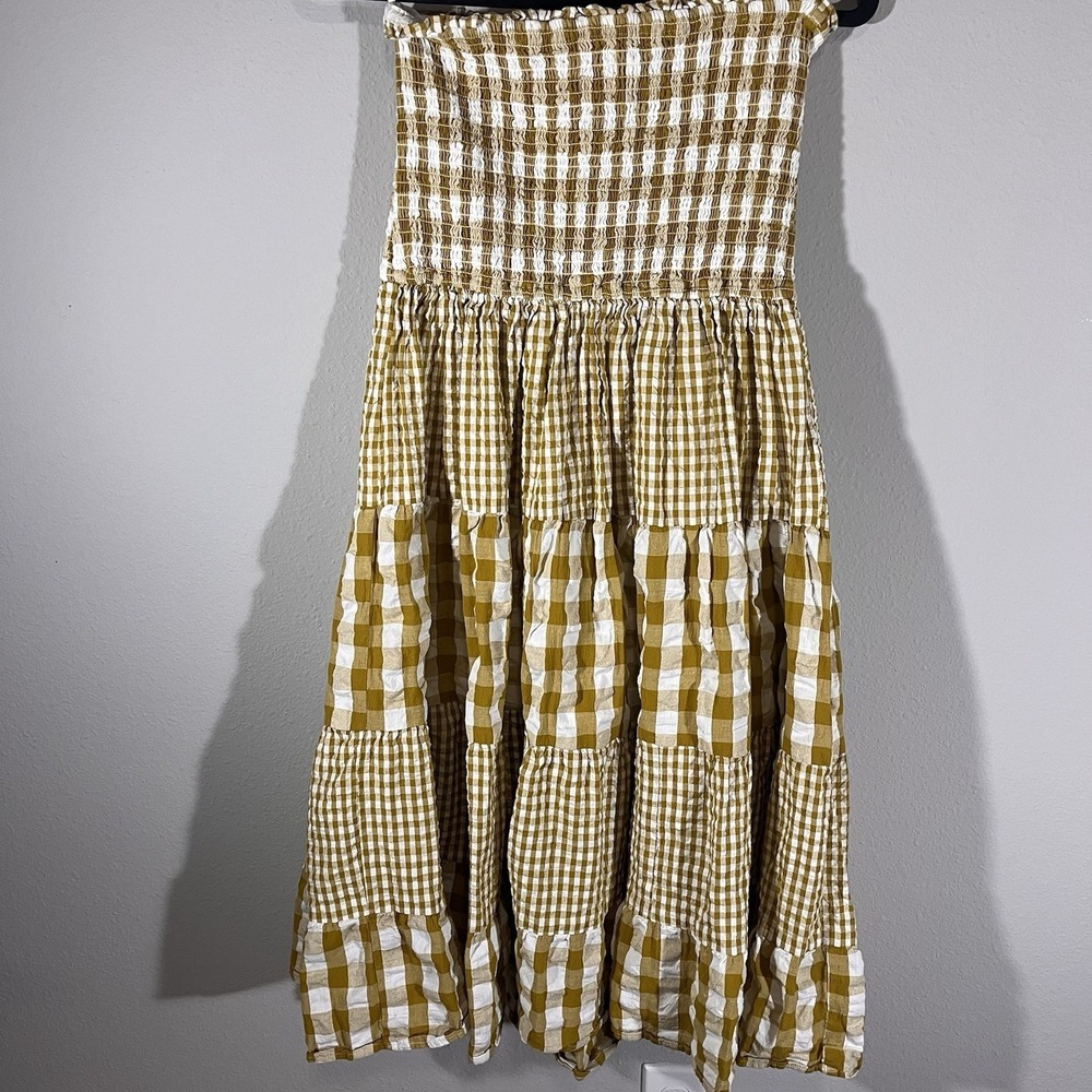 Avec Les Filles Cotton Check Tiered Smocked-Waist Maxi Skirt Tube Dress Size M - Picture 2 of 8